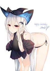 Rule 34 | 1girl, arknights, ass, bad id, bad pixiv id, bare shoulders, bent over, black hat, black panties, black shirt, breasts, character name, commentary request, crop top, fedora, hair ornament, hand on own thigh, happy birthday, hat, heart, highres, leria v, long hair, looking at viewer, medium breasts, panties, red eyes, shirt, side-tie panties, silver hair, simple background, skadi (arknights), sleeveless, sleeveless shirt, solo, standing, thighs, underwear, white background