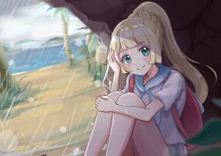 Rule 34 | 1girl, bare legs, blonde hair, blunt bangs, blush, braid, closed mouth, commentary request, creatures (company), day, game freak, grass, green eyes, high ponytail, highres, lillie (pokemon), long hair, looking at viewer, miniskirt, nintendo, outdoors, palm tree, pink bag, pokemon, pokemon sm, ponytail, ponytail with braided base, rain, shirt, short sleeves, sitting, skirt, smile, sparkle, tree, water drop, white shirt, white skirt, yodakeke