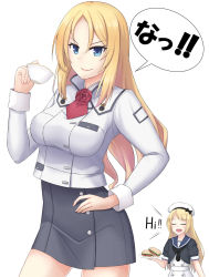 Rule 34 | 2girls, akahi242, black skirt, blonde hair, blue eyes, breasts, commentary request, cowboy shot, cup, food, hand on own hip, highres, jervis (kancolle), kantai collection, large breasts, long hair, long sleeves, military, military uniform, multiple girls, nelson (kancolle), no headgear, pencil skirt, sandwich, simple background, skirt, smile, solo focus, teacup, uniform, white background