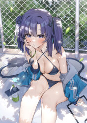 Rule 34 | 1girl, absurdres, bare shoulders, bikini, black bikini, black ribbon, blue archive, blue eyes, blue hair, blue jacket, blush, bottle, breasts, cellphone, chain-link fence, cleavage, collarbone, commentary request, feet out of frame, fence, hair ornament, hair ribbon, highres, jacket, long sleeves, medium breasts, navel, off shoulder, open clothes, open jacket, outdoors, parted lips, phone, piyo (pixiv 2308057), ribbon, shade, sitting, smartphone, solo, swimsuit, thighs, yuuka (blue archive)