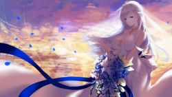 Rule 34 | 1girl, absurdres, alternate costume, an yasuri, azur lane, bad id, bad pixiv id, bare shoulders, belfast (azur lane), belfast (the pledge of claddagh) (azur lane), blue eyes, blush, bouquet, braid, breasts, bridal veil, bride, chain, cleavage, cloud, collar, collarbone, dress, evening, floating hair, flower, french braid, hand up, highres, holding, holding bouquet, large breasts, long hair, looking at viewer, outdoors, petals, silver hair, sky, smile, solo, star (sky), starry sky, veil, wedding dress, white dress, wind, wind lift