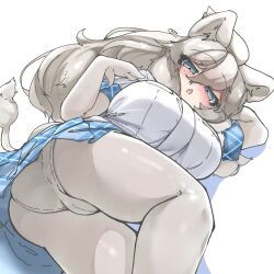 Rule 34 | 1girl, absurdres, animal ears, ass, big hair, blue eyes, blush, breasts, cameltoe, cleft of venus, extra ears, gloves, hair between eyes, highres, huge breasts, kemono friends, kemono friends 3, lion ears, lion girl, lion tail, long hair, looking at viewer, lying, on side, open mouth, panties, plaid sleeves, plaid trim, shirt, short sleeves, skirt, solo, tail, underwear, urisaba, white hair, white lion (kemono friends)