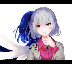 Rule 34 | 1girl, border, dress, finger to mouth, highres, jacket, kishin sagume, letterboxed, nakukoroni, red eyes, shadow, short hair, shushing, silver hair, simple background, single wing, smile, solo, touhou, wings