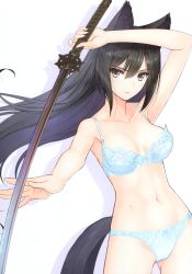 Rule 34 | 1girl, absurdres, animal ear fluff, animal ears, arm up, black hair, blue panties, bra, green eyes, highres, holding, holding sword, holding weapon, katana, long hair, looking at viewer, navel, original, panties, scan, simple background, solo, stomach, sword, tail, toned, tony taka, underwear, underwear only, weapon, white background, wolf ears, wolf tail