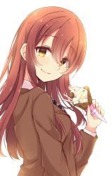 Rule 34 | 1girl, amidada, blazer, blush, brown eyes, brown hair, brown jacket, closed mouth, diagonal stripes, food, hair between eyes, hand up, highres, holding, holding food, ice cream, ice cream cone, idolmaster, idolmaster shiny colors, jacket, long hair, long sleeves, looking at viewer, looking to the side, osaki tenka, school uniform, shirt, simple background, smile, soft serve, solo, striped, very long hair, wavy mouth, white background, white shirt