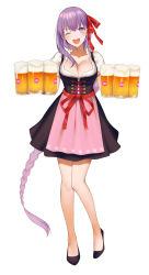 Rule 34 | 1girl, alcohol, alternate costume, bb (fate), bb (fate/extra), beer, beer mug, blush, braid, breasts, cleavage, cup, fate/extra, fate/extra ccc, fate (series), full body, hair ribbon, highres, large breasts, long hair, looking at viewer, mug, one eye closed, open mouth, purple eyes, purple hair, red ribbon, ribbon, simple background, single braid, smile, solo, tsuchifumazu, very long hair, white background