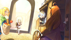 Rule 34 | 4girls, ahoge, aki rosenthal, aki rosenthal (1st costume), alternate costume, amane kanata, angel, apple, arm up, backpack, bag, baguette, black shorts, blonde hair, blue eyes, blue hair, blush, bob cut, boots, bow, bread, breasts, building, cape, carriage, colored inner hair, commentary request, curled horns, day, dragon girl, dragon horns, dragon tail, elbow gloves, food, frilled sleeves, frills, fruit, gloves, green cape, grocery bag, halo, harp, headgear, highres, holding, holding bag, holding strap, hololive, hololive alternative, hood, hood down, hooded jacket, horns, instrument, jacket, kiryu coco, knee boots, long hair, long sleeves, looking at another, multicolored hair, multiple girls, open hand, open mouth, orange (fruit), orange hair, outdoors, paper bag, parted bangs, red apple, red bow, road, sheep girl, sheep horns, shirt, shopping bag, short hair, shorts, sidelocks, silver hair, single hair intake, star halo, streaked hair, street, tail, through window, town, tsunomaki watame, virtual youtuber, walking, waving, wheel, white gloves, white jacket, zeekmakura