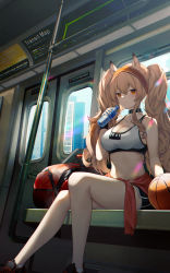 Rule 34 | 1girl, absurdres, angelina (arknights), animal ears, arknights, bag, ball, bare shoulders, basketball, basketball (object), black shorts, bottle, breasts, brown eyes, brown hair, clothes around waist, collarbone, commentary, duffel bag, fox ears, hairband, highres, holding, holding bottle, infection monitor (arknights), jacket, jacket around waist, long hair, looking at viewer, midriff, navel, official alternate costume, orange bag, sagiri (ulpha220), short shorts, shorts, sitting, smile, solo, sports bra, train interior, twintails
