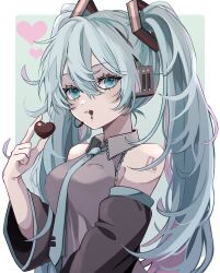 Rule 34 | 1girl, :t, bare shoulders, black sleeves, blue eyes, blue hair, blue necktie, blush, border, breasts, candy, chewing, chocolate, chocolate heart, closed mouth, collared shirt, commentary, detached sleeves, english commentary, food, frilled shirt, frills, from side, green background, grey shirt, hair between eyes, hair ornament, hand up, hatsune miku, headset, heart, highres, holding, holding chocolate, holding food, large breasts, long hair, long sleeves, looking at viewer, microphone, multicolored hair, naguno-0713, necktie, number tattoo, pink hair, shirt, sidelocks, simple background, sleeveless, sleeveless shirt, solo, tattoo, tented shirt, tie clip, twintails, two-tone hair, upper body, very long hair, vocaloid, white border