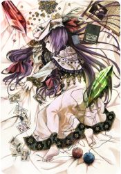 Rule 34 | 1girl, adapted costume, bad id, bad pixiv id, barefoot, bed sheet, book, bookmark, capelet, coin, crescent, dress, feathers, female focus, hair ribbon, hat, long hair, lying, mura (sensuido), on side, patchouli knowledge, photo (object), purple eyes, purple hair, ribbon, sheet grab, solo, stone, touhou, yarn, yarn ball