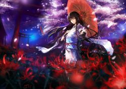 Rule 34 | 1girl, black hair, cherry blossoms, closed eyes, flower, highres, japanese clothes, kimono, long hair, obi, oil-paper umbrella, original, outstretched hand, petals, sash, solo, spider lily, stu dts, torii, umbrella
