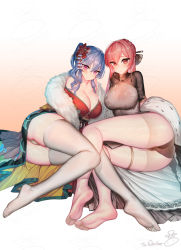 Rule 34 | 2girls, ahoge, artist name, ass, azur lane, bad id, bad pixiv id, bare shoulders, black dress, black panties, blue hair, blush, braid, breasts, china dress, chinese clothes, cleavage, closed mouth, collarbone, commission, dress, earrings, feet, flower, hair between eyes, hair bun, hair flower, hair ornament, japanese clothes, jewelry, kimono, large breasts, legs, long hair, looking at viewer, lying, monarch (azur lane), monarch (black gerard) (azur lane), multiple girls, off shoulder, on side, panties, panties under pantyhose, pantyhose, purple eyes, red eyes, red hair, red kimono, sidelocks, signature, single hair bun, smile, soles, st. louis (azur lane), st. louis (spirits in the snow) (azur lane), suerte, thigh strap, thighhighs, toes, underwear, watermark, white legwear, white panties