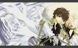 Rule 34 | 00s, 1boy, brown hair, chain, code geass, green eyes, kururugi suzaku, letterboxed, long sleeves, looking at viewer, male focus, military, military uniform, restrained, solo, uniform, upper body, wallpaper