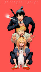 Rule 34 | 1girl, 2boys, akiharu (nanjaaaaa), animal, black hair, black jacket, black necktie, blonde hair, blue eyes, blue jacket, cat, chainsaw man, cigarette, cross-shaped pupils, denji (chainsaw man), double v, formal, hair between eyes, hayakawa aki, highres, holding, holding animal, holding cat, horns, jacket, jacket partially removed, katana, kneeling, leaning on person, long hair, looking at viewer, meowy (chainsaw man), multiple boys, necktie, open mouth, power (chainsaw man), red background, red horns, sharp teeth, shirt, short hair, simple background, sitting, smile, smoke, smoking, suit, sword, symbol-shaped pupils, teeth, tongue, tongue out, topknot, v, weapon, weapon on back, white shirt, yellow eyes