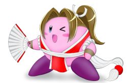 Rule 34 | 1boy, artist request, blue eyes, blush, borrowed character, brown hair, cosplay, crossdressing, fatal fury, full body, hand fan, hand on own hip, japanese clothes, kimono, kirby, kirby (series), long hair, nintendo, no humans, one eye closed, open mouth, parted bangs, shiranui mai, shiranui mai (cosplay), sleeveless, sleeveless kimono, smile, snk, super smash bros., the king of fighters, wink