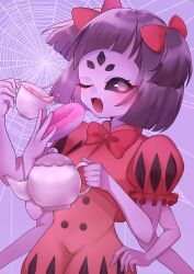 Rule 34 | 1girl, absurdres, arthropod girl, colored skin, cup, extra arms, extra eyes, highres, insect girl, monster girl, muffet, one eye closed, puffy short sleeves, puffy sleeves, purple skin, short sleeves, smile, solo, spider girl, tea, teacup, teapot, undertale, wink