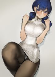 Rule 34 | 1girl, black pantyhose, blue hair, blush, breast press, breasts, china dress, chinese clothes, closed mouth, commentary request, cowboy shot, crotch seam, dress, floral print, glasses, grey background, hair between eyes, knee up, large breasts, lips, long hair, looking at viewer, low twintails, lying, mole, mole under eye, nose blush, on back, original, pantyhose, short sleeves, simple background, solo, thighband pantyhose, turtleneck, twintails, white dress, yomu (sgt epper)