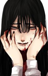 Rule 34 | 1girl, black hair, blood, blood on face, blood on hands, grey eyes, hair between eyes, hands on own cheeks, hands on own face, hands up, highres, hoshi san 3, long hair, long sleeves, looking at viewer, mole, mole under eye, mole under mouth, original, portrait, simple background, smile, solo, white background, yamifuka-san (hoshi san 3), yandere trance