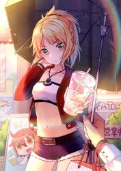 Rule 34 | 1girl, absurdres, bag, belly, belt, blonde hair, blue shorts, bra, braid, breasts, chaji xiao bai, collarbone, cup, cutoffs, denim, denim shorts, drink, fate/apocrypha, fate (series), fujimaru ritsuka (female), green eyes, hair ribbon, highres, jacket, jewelry, looking at viewer, medium breasts, mordred (fate), mordred (fate/apocrypha), mordred (memories at trifas) (fate), navel, necklace, open clothes, open jacket, ponytail, red jacket, ribbon, shopping bag, short hair, short shorts, shorts, umbrella, underwear, white bra