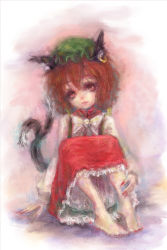 Rule 34 | 1girl, animal ears, barefoot, bloomers, bow, bowtie, brown hair, cat ears, cat girl, cat tail, chen, claws, earrings, eyelashes, faux traditional media, female focus, fingernails, hat, hiepita (1014), highres, jewelry, long fingernails, multiple tails, red eyes, short hair, sitting, solo, tail, touhou, underwear