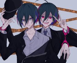 Rule 34 | 2boys, :d, ahoge, black hair, black headwear, black jacket, bracelet, caution tape, collarbone, collared shirt, commentary request, cuffs, danganronpa (series), danganronpa v3: killing harmony, dual persona, formal, frown, grey background, grey shirt, handcuffs, happy, hat, highres, holding, holding clothes, holding hat, iumi urura, jacket, jewelry, keep out, long fingers, looking at viewer, male focus, multicolored hair, multiple boys, necktie, official alternate costume, open clothes, open jacket, open mouth, pink hair, purple hair, red eyes, saihara shuichi, shirt, short hair, simple background, smile, striped clothes, striped jacket, striped neckwear, suit, teeth, unworn hat, unworn headwear, upper body, upper teeth only, v