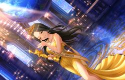 Rule 34 | 1girl, black hair, candle, dress, earrings, game cg, green eyes, helen (idolmaster), idolmaster, idolmaster cinderella girls, idolmaster cinderella girls starlight stage, jewelry, necklace, official art, solo, teeth, tiara, trophy