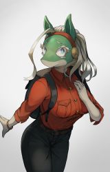 Rule 34 | 1girl, animal ears, aqua eyes, backpack, bag, bangle, barcy, black bag, black pants, boku no hero academia, bracelet, breast pocket, breasts, closed mouth, colored skin, cowboy shot, furry, furry female, green skin, hair strand, hairband, hand on own chest, highres, ippan josei, jewelry, leaning forward, leather belt, legs together, looking at viewer, medium breasts, multicolored skin, orange shirt, outstretched arm, pants, pocket, shirt, simple background, solo, thick eyelashes, two-tone skin, white background, white hair, white skin