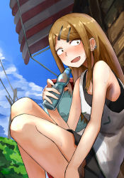 Rule 34 | 10s, 1girl, :d, absurdres, bad id, bad nicoseiga id, blush, bottle, brown eyes, brown hair, dagashi kashi, earrings, endou saya, fang, flat chest, hair ornament, hairclip, hairpin, highres, holding, jewelry, long hair, looking at viewer, okitsugu, open mouth, ramune, sitting, smile, solo, sweat
