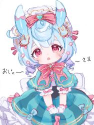 1girl :o adapted_costume animal_ears blue_bow blue_dress blue_hair blush bow bowtie commentary_request dress fake_animal_ears genshin_impact gloves hair_bow hair_ornament hairpin highres kingyo_(user_xyuc7787) light_blue_hair looking_at_viewer puffy_short_sleeves puffy_sleeves rabbit_hair_ornament red_bow red_bowtie red_eyes short_sleeves sigewinne_(genshin_impact) solo striped_clothes striped_dress translation_request vertical-striped_clothes vertical-striped_dress white_background white_gloves