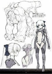 Rule 34 | 1girl, ass, belly, black eyes, bow, breasts, character sheet, female focus, greyscale, hair bow, long hair, monochrome, monochrome, monster, partially colored, power suit, robot, small breasts, solo, sword, weapon, white background, white hair