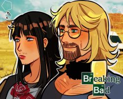 Rule 34 | 2boys, animification, black hair, blonde hair, blue eyes, breaking bad, brown facial hair, commentary, copyright name, cosplay, crossdressing, cup, desert, english commentary, facial hair, floral print, glasses, green eyes, highres, holding, holding cup, huyandere, jane margolis, jane margolis (cosplay), jesse pinkman, male focus, mature male, multiple boys, outdoors, outline, skyler white, skyler white (cosplay), walter white, white outline