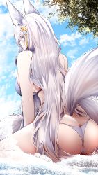 Rule 34 | 1girl, absurdres, animal ears, ass, azur lane, bikini, blue sky, blush, breasts, butt crack, commentary request, day, grey eyes, hair ornament, highres, large breasts, long hair, looking at viewer, outdoors, pussy, pussy peek, samip, shinano (azur lane), sideboob, sitting, sky, solo, star (symbol), star hair ornament, swimsuit, tail, thighs, thong bikini, very long hair, white bikini, white hair