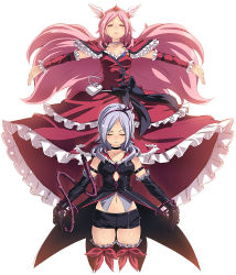 Rule 34 | 00s, 1girl, black neckwear, black shorts, black thighhighs, bow, breasts, choker, closed eyes, cure passion, dark persona, detached sleeves, dress, dual persona, eas (fresh precure!), elbow gloves, female focus, fresh precure!, gloves, hair ornament, hairband, head wings, heart, heart hair ornament, higashi setsuna, long hair, magical girl, medium breasts, navel, outstretched arms, pink hair, precure, red eyes, short hair, shorts, silver hair, spread arms, tasaka shinnosuke, thighhighs, tiara, vine whip, waist bow, white background, white choker, wings