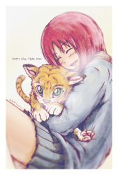 Rule 34 | 1girl, 2010, ^ ^, animal, animal hug, animal on lap, bad id, bad pixiv id, beige background, blue coat, blush, breath, brown scarf, claws, closed eyes, coat, from side, graphite (medium), green eyes, grin, happy new year, holding, holding animal, hug, new year, on lap, original, pleated skirt, red hair, scarf, shokubai phantom girl, short hair, simple background, sitting, skirt, smile, tail, tiger, tiger tail, tongue, traditional media