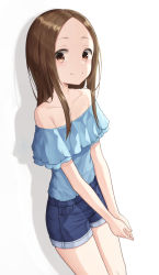 1girl bare_arms bare_shoulders blue_shirt blue_shorts blush brown_eyes brown_hair casual collarbone commentary cowboy_shot denim denim_shorts drop_shadow flat_chest forehead hanavvi karakai_jouzu_no_takagi-san layered_shirt long_hair medium_hair off-shoulder_shirt off_shoulder own_hands_together shadow shirt short_sleeves shorts smile solo standing takagi-san thighs