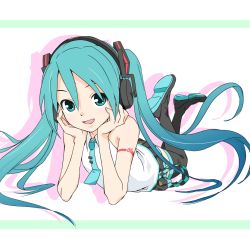 Rule 34 | 1girl, aqua eyes, aqua hair, aqua necktie, arm support, bare shoulders, belt, black skirt, black thighhighs, commentary, full body, hair ornament, hands on own cheeks, hands on own face, hatsune miku, head rest, headphones, legs up, letterboxed, long hair, looking at viewer, lying, miniskirt, necktie, on stomach, open mouth, pleated skirt, shadow, shirt, shoulder tattoo, skirt, sleeveless, sleeveless shirt, smile, solo, soukun s, tattoo, thighhighs, twintails, very long hair, vocaloid, lat model (mikumikudance), white background, white shirt, zettai ryouiki