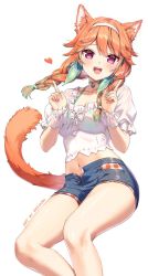 Rule 34 | 1girl, animal ear fluff, animal ears, artist name, bikini, bikini top only, bikini under clothes, blush, braid, breasts, cat ears, cat tail, choker, cleavage, collarbone, earrings, feather earrings, feathers, gradient hair, green choker, green hair, hairband, highres, hololive, hololive english, jewelry, large breasts, looking at viewer, multicolored hair, nail polish, navel, official alternate costume, open fly, orange hair, purple eyes, rosuuri, short shorts, short sleeves, shorts, simple background, smile, solo, swimsuit, tail, takanashi kiara, thigh gap, twin braids, virtual youtuber, white hairband, wrist cuffs