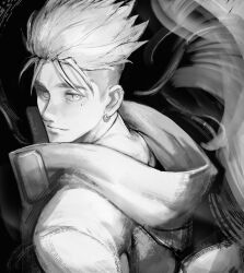 Rule 34 | 1boy, absurdres, closed mouth, earrings, greyscale, highres, jacket, jewelry, looking at viewer, male focus, mole, mole under eye, monochrome, official alternate hairstyle, short hair, single earring, solo, spiked hair, ssomesolar, trigun, trigun stampede, undercut, upper body, vash the stampede