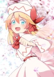 Rule 34 | 1girl, blonde hair, blurry, blush, bow, bowtie, capelet, depth of field, dress, fairy wings, hair between eyes, hat, highres, lily white, long hair, long sleeves, looking at viewer, open mouth, red bow, smile, solo, touhou, white dress, white hat, wide sleeves, wings, yutamaro