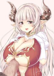 Rule 34 | 10s, 1girl, alicia (granblue fantasy), breasts, center opening, cleavage, cleavage cutout, clothing cutout, draph, earrings, elbow gloves, gloves, granblue fantasy, highres, horns, huge breasts, jewelry, long hair, open mouth, paizuri, paizuri under clothes, penis, pink eyes, pink hair, pointy ears, smile, solo focus, uncensored, white gloves, yotunoha