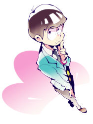 Rule 34 | 10s, 1boy, :3, bowl cut, brown hair, dossei, dutch angle, finger to mouth, formal, from above, hand on thigh, highres, index finger raised, male focus, matsuno todomatsu, necktie, osomatsu-kun, osomatsu-san, osomatsu (series), pink eyes, simple background, smile, solo, suit, white background