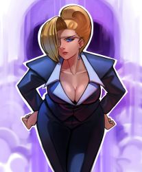 Rule 34 | blonde hair, blue eyes, breasts, business suit, calvin sims, cleavage, collarbone, earrings, eyepatch, fingernails, formal, hair bun, hair over one eye, hands on own hips, jewelry, large breasts, mature (kof), pants, snk, suit, the king of fighters