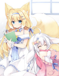 Rule 34 | 2girls, ahoge, animal ear fluff, animal ears, bare shoulders, bell, blonde hair, blue bow, blue eyes, book, bow, cat hair ornament, closed eyes, closed mouth, commentary request, commission, detached sleeves, dress, floppy ears, fox ears, fox girl, fox tail, frilled dress, frills, fur-trimmed sleeves, fur trim, hair between eyes, hair bow, hair ornament, hairclip, heart, heart hair ornament, highres, holding, holding book, jacket, jingle bell, juliet sleeves, long hair, long sleeves, lying, multiple girls, nail polish, neck bell, off-shoulder dress, off shoulder, on side, open book, original, parted lips, pink jacket, pink sleeves, puffy sleeves, purinpurin, rabbit ears, red nails, sitting, skeb commission, sleeping, smile, tail, thighhighs, very long hair, wariza, white dress, white hair, white thighhighs, wrist cuffs, yellow bow