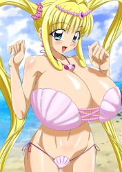 Rule 34 | 00s, 1girl, alternate breast size, artist request, bikini, blonde hair, blue eyes, blush, breasts, cleavage, highres, huge breasts, long hair, mermaid melody pichi pichi pitch, nanami lucia, shell, shell bikini, smile, solo, swimsuit, third-party edit, twintails