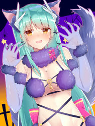 Rule 34 | 1girl, :d, animal ears, arms at sides, blush, breasts, bug, claw pose, cosplay, dutch angle, fang, fate/grand order, fate (series), fur-trimmed gloves, fur trim, gloves, green hair, halloween, halloween costume, hands up, highres, hip focus, kanase (mcbrwn18), kiyohime (fate), large breasts, looking at viewer, mash kyrielight, mash kyrielight (dangerous beast), mash kyrielight (dangerous beast) (cosplay), o-ring, o-ring top, official alternate costume, open mouth, purple gloves, revealing clothes, smile, solo, spider, tail, upper body, wolf ears, wolf tail, yellow eyes