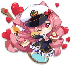 Rule 34 | 1girl, animal ear fluff, animal ears, azur lane, blush, bow, cake, cat ears, cat girl, cat tail, chibi, closed mouth, crumbs, eyes visible through hair, food, food on face, full body, hat, hat bow, heart, holding, holding plate, long sleeves, looking at viewer, meowfficer (azur lane), muuran, official art, one eye closed, pantyhose, pink bow, pink eyes, pink hair, plate, pound (azur lane), red bow, smile, solo, tail, transparent background, white hat, white pantyhose