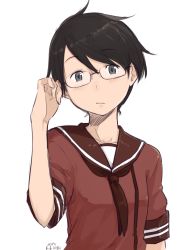 Rule 34 | 10s, 1girl, androgynous, black hair, blush, glasses, green eyes, grey eyes, highres, kantai collection, kawashina (momen silicon), looking at viewer, md5 mismatch, mogami (kancolle), personification, resized, resolution mismatch, sailor collar, school uniform, short hair, signature, simple background, solo, source larger, upper body, white background