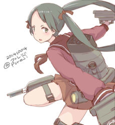 Rule 34 | 10s, 1girl, 2014, blush, brown skirt, dated, green eyes, green hair, kantai collection, looking at viewer, looking back, machinery, matching hair/eyes, mikuma (kancolle), pleated skirt, pureji oshou, searchlight, simple background, skirt, solo, thigh strap, twintails, twitter username, white background