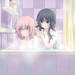 2girls assault_lily bathing bathtub black_hair blush breasts brushing_hair cleavage comb convenient_arm convenient_censoring gakuma grey_eyes hitotsuyanagi_riri long_hair multiple_girls nude pink_hair same-sex_bathing shared_bathing shirai_yuyu short_hair steam yellow_eyes yuri