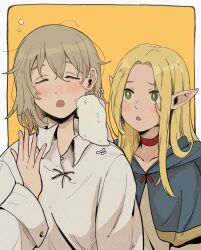 Rule 34 | 2girls, :o, absurdres, blonde hair, blue capelet, blush, capelet, choker, closed eyes, dungeon meshi, falin touden, green eyes, highres, just a pot, long hair, marcille donato, multiple girls, open mouth, pointy ears, red choker, simple background, sleepy, tearing up, yawning